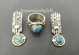 Earrings and ring with ethnic pattern Silver 925 natural light blue chrysocolla