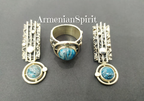 Earrings and ring with ethnic pattern Silver 925 natural light blue chrysocolla
