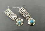 Earrings and ring with ethnic pattern Silver 925 natural light blue chrysocolla