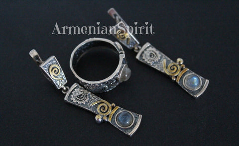 Earrings ring jewelry set labradorite blue Silver 925 gold plated