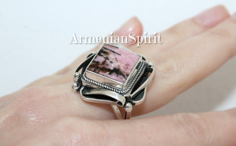 Ring Sterling silver 925 natural rhodonite pink black brown Handcrafted Armenian