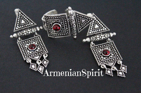 Earrings and ring Sterling silver 925 Lightweight with red stone