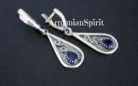 Drop earrings Sterling silver 925925 Blue sapphire Bohemian dark blue earrings