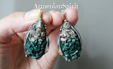Earrings ring Sterling Silver 925 Natural Pyrite golden druzy green malachite