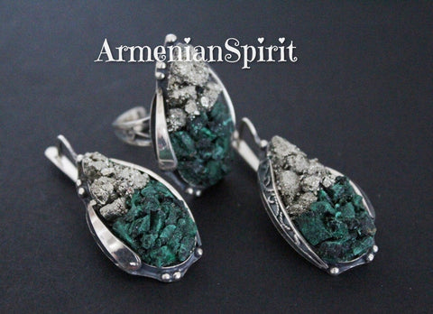 Earrings ring Sterling Silver 925 Natural Pyrite golden druzy green malachite