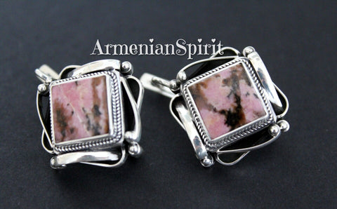 Earrings Sterling silver 925 natural rhodonite pink black brown