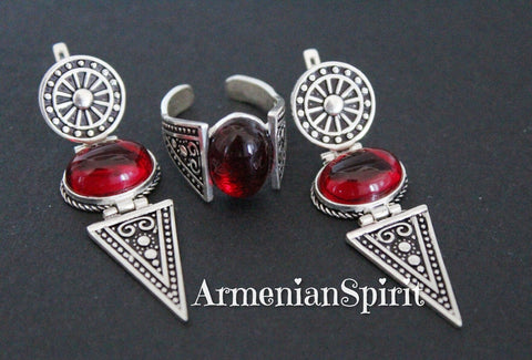 Sterling silver 925 earrings and ring lab garnet red