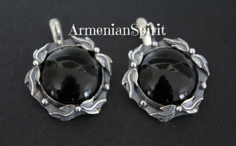 Black onyx round earrings SILVER 925 jewelry