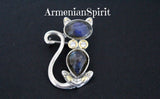 Cat brooch Sterling silver Labradorie blue gem and white zircons