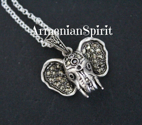 Elephant pendant necklace Silver 925 Marcasite Indian style Elephants