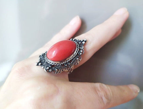 Red coral gemstone ring silver 925 Armenian handmade jewelry Artisan design