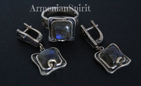 Set labradorite Earrings ring Sterling silver 925 gold plated details