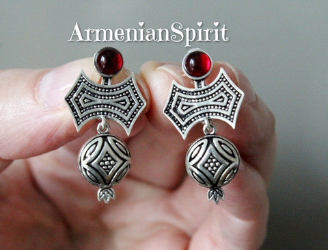 Pomegranate earrings Sterling silver 925 red stone Armenian