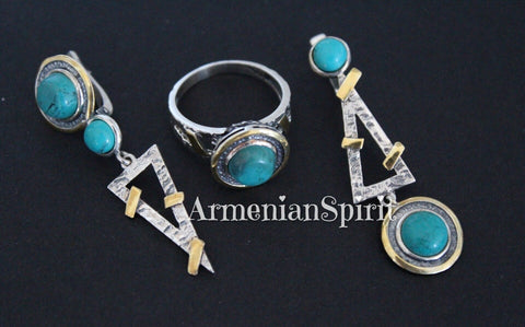 Earrings and ring Blue turquoise Sterling SILVER 925 gold plated