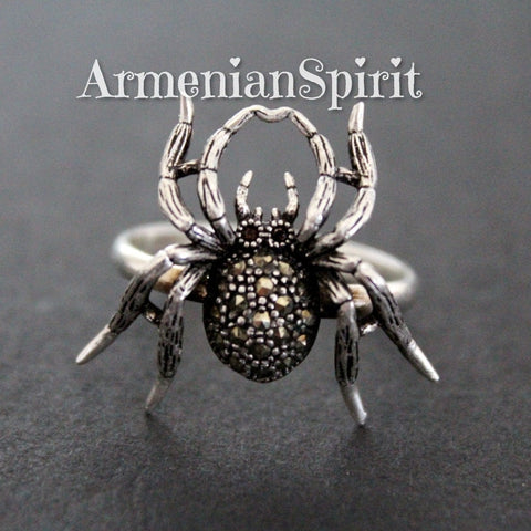 Spider ring adjustable women Gothic jewelry SILVER 925 marcasite