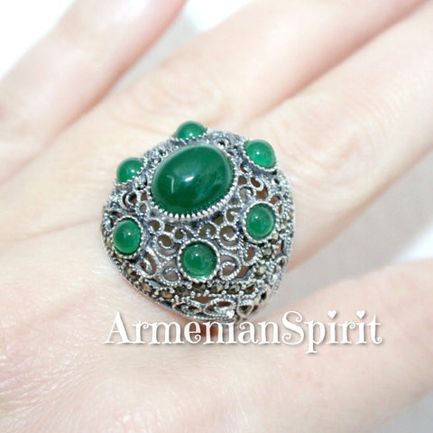 Dome ring silver 925 Armenian handmade rings green quartz stones