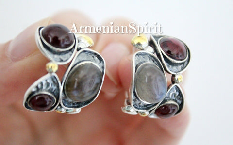 Earrings natural garnet and  labradorite gray gem Silver 925 gold plated