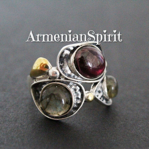 Ring natural garnet and  labradorite gray gem Silver 925 gold plated jewelry