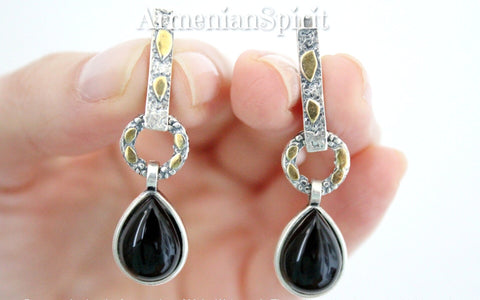 Earrings Natural black onyx gold plated SILVER 925