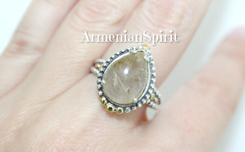 Ring Beige Venus hair gemstone Artisan jewelry cabochon Silver 925 gold plated