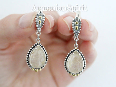 Earrings Beige Venus hair gemstone Artisan jewelry cabochon Silver 925 gold plated