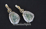 Earrings and ring Green prehnite gemstone Silver 925 gold plated