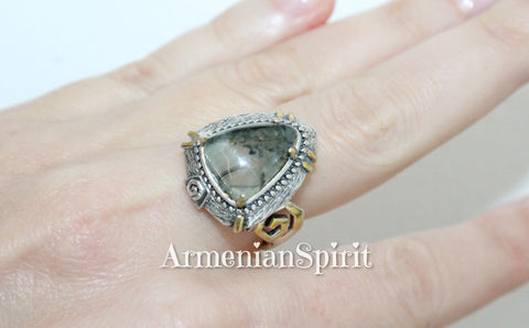 Ring Green prehnite gemstone jewelry cabochon Silver 925 gold plated