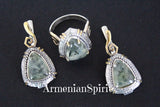 Earrings and ring Green prehnite gemstone Silver 925 gold plated