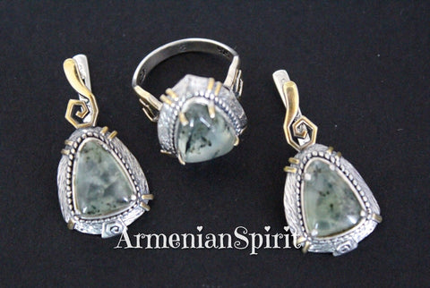 Earrings and ring Green prehnite gemstone Silver 925 gold plated