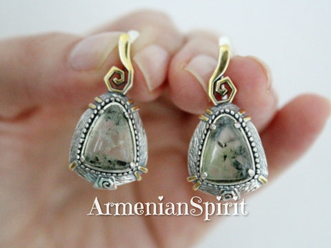 Earrings Green prehnite gemstone Artisan jewelry cabochon Silver 925 gold plated