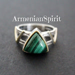 Silver 925 RING Green malachite gemstone Modern Gold plated parts