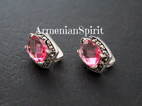 Tiny earrings pink Marcasite 925 Silver Small jewelry