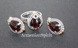 Earrings and ring small drop Silver 925 natural garnet