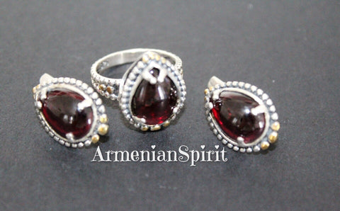 Earrings and ring small drop Silver 925 natural garnet