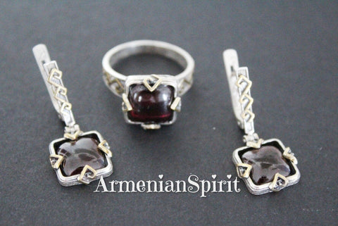 Earrings and ring Silver 925 natural garnet Armenian jewelry set