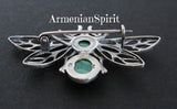 Butterfly brooch Sterling silver 925 gilded Malachite green gem