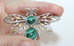 Butterfly brooch Sterling silver 925 gilded Malachite green gem