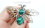 Butterfly brooch Sterling silver 925 gilded Malachite green gem