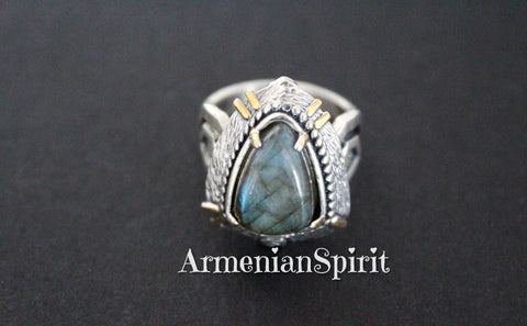 Ring Labradorite gemstone cabochon Silver 925 gilded