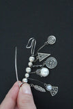 Brooch Silver 925 with dangle pomegranate feather pearl flower eternity
