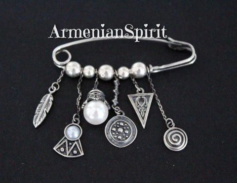 Brooch Silver 925 with dangle pomegranate feather pearl flower eternity