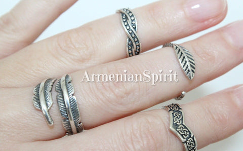 SET of 4 rings Feather leaf crown pigtail SILVER 925 Adjustable rings women men unisex Boho