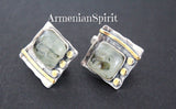Ring Green prehnite small square Silver 925 gold plated