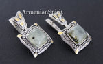 Earrings and ring Green prehnite square gemstone Silver 925 gold plated