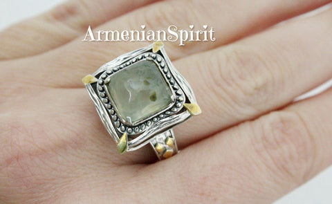Ring Green prehnite square Silver 925 gold plated