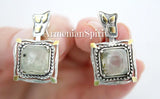 Earrings and ring Green prehnite square gemstone Silver 925 gold plated