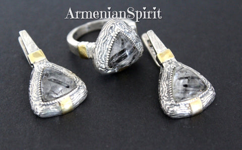 Earrings and ring Gray Venus hair gemstone Silver 925 gold plated