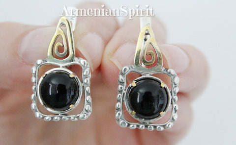 Earrings Natural black onyx square gold plated SILVER 925