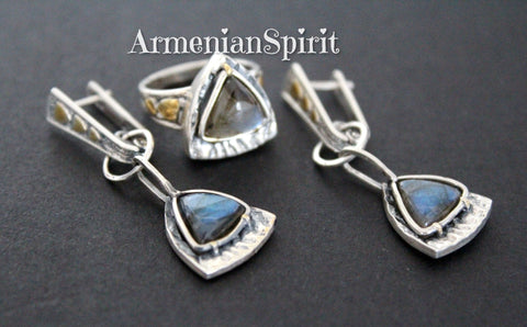 Set labradorite blue Silver 925 gold plated jewelry Earrings ring