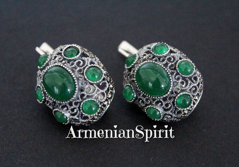 Dome jewelry silver 925 Earrings with green quartz stones